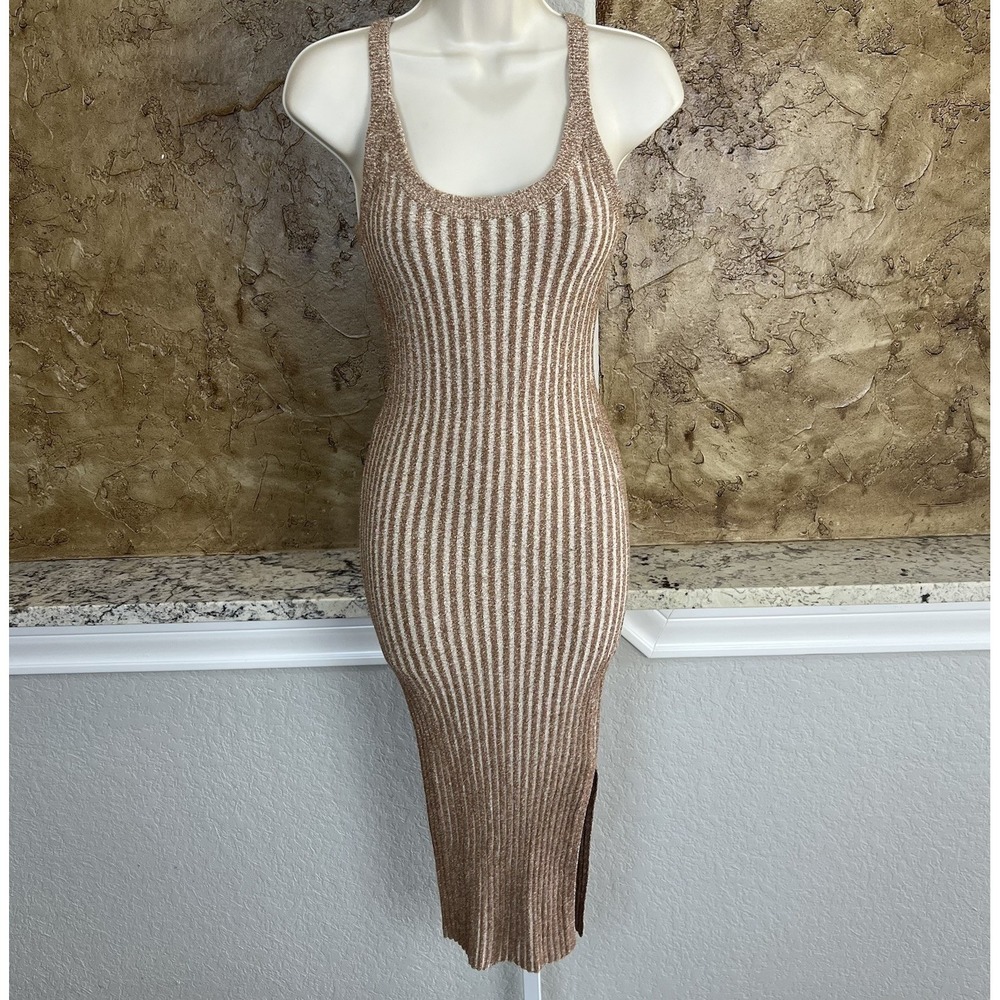 One Grey Day OGD‎ Dani Tank Dress Size Small Tan Ribbed Knit Midi Stretch NWT